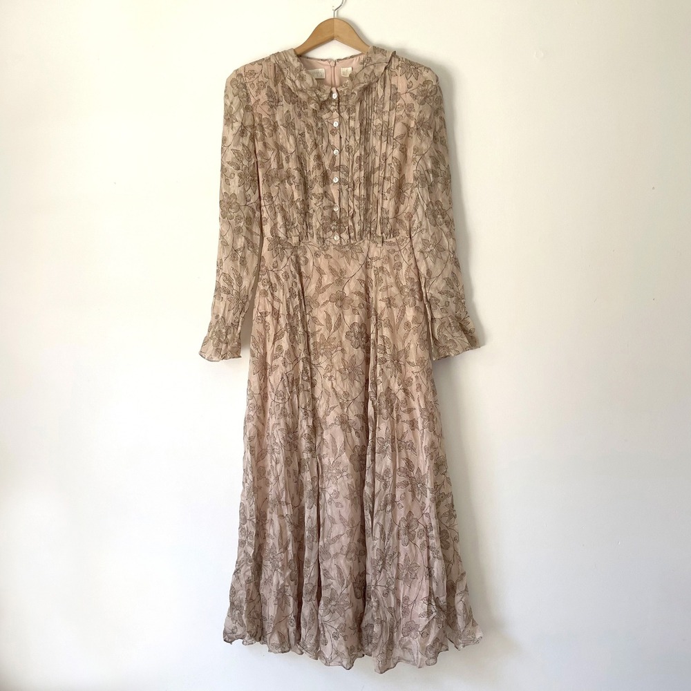 Vintage Dana Buchman Silk Floral Pleated Midi Dress Size 6‎ Cottage Romantic 90s